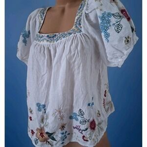 Johnny Was Martine Wander Top L White Linen Boho Embroidered Women's size Large